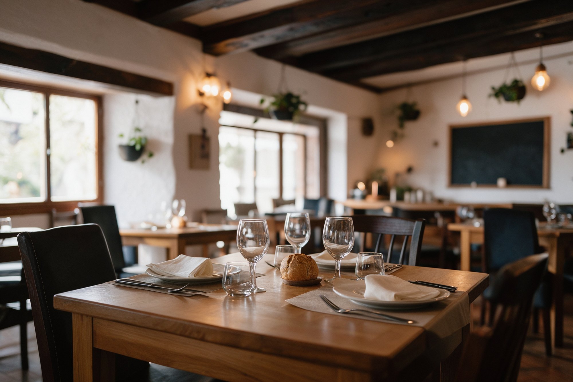 Interior acogedor del restaurante con mesas de madera, plantas y luz cálida