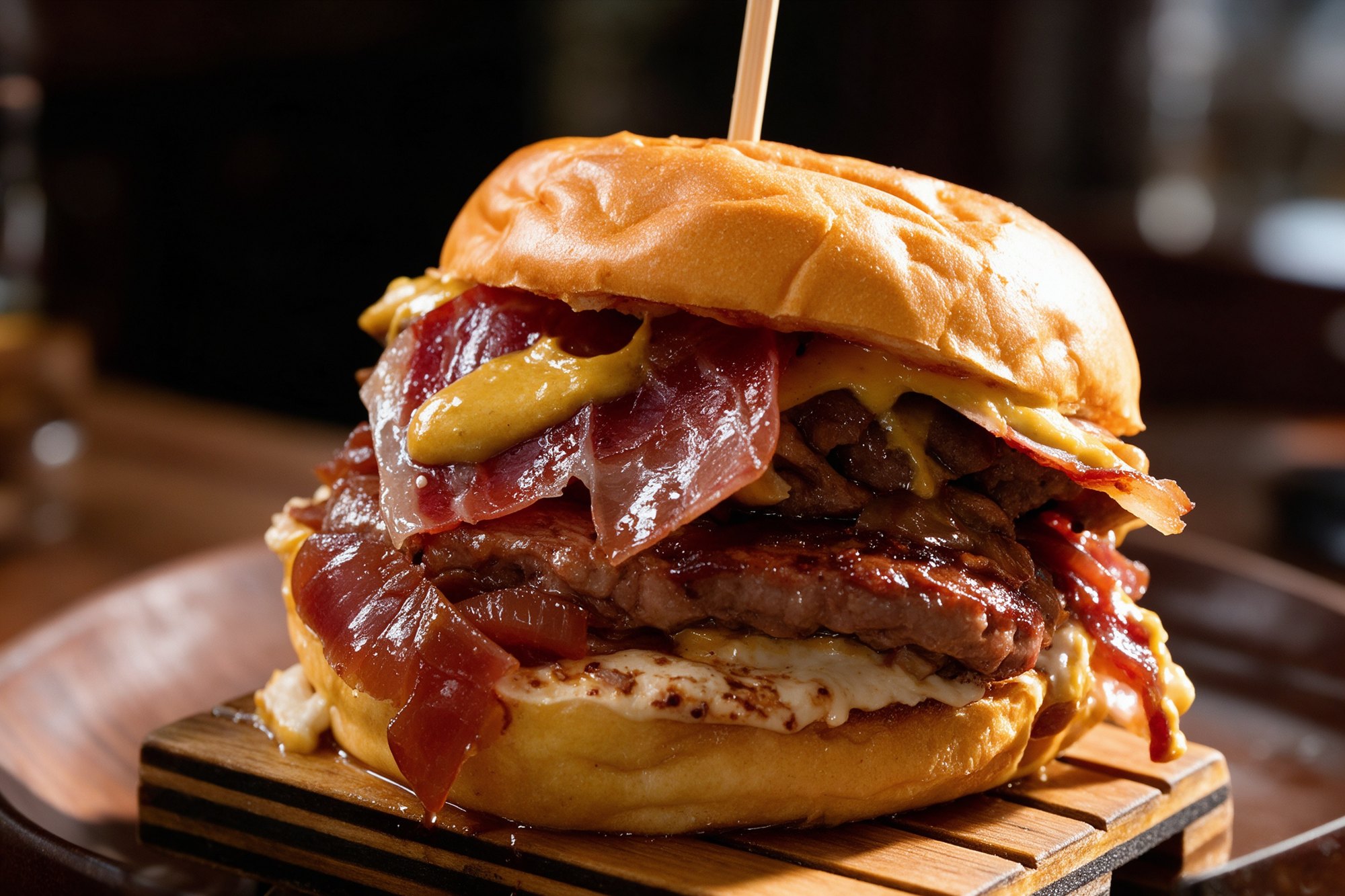 Hamburguesa gourmet con bacon y queso en pan brioche sobre tabla de madera