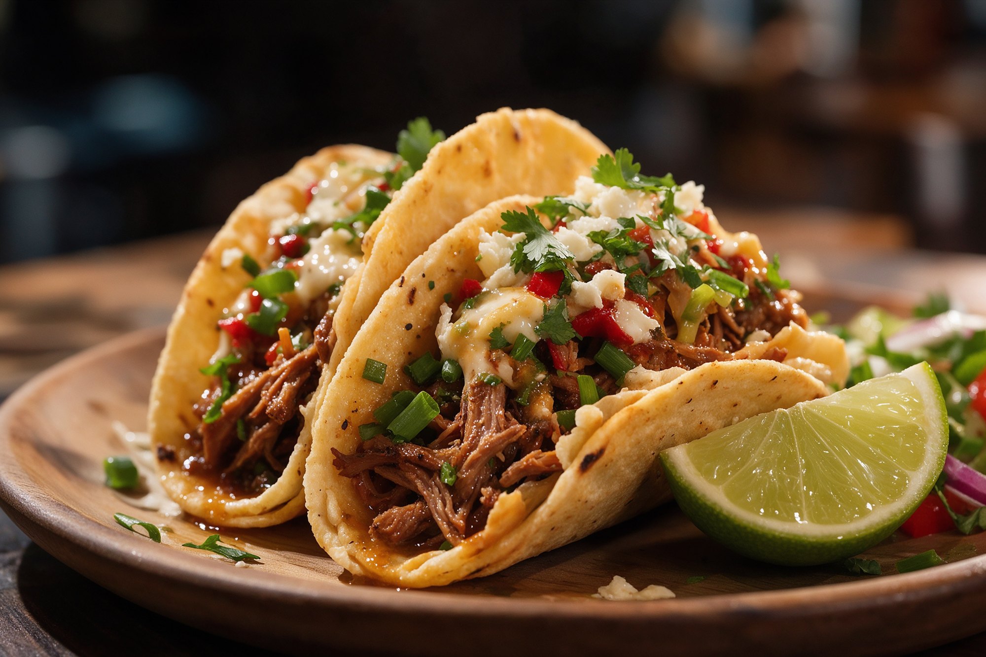 Dos tacos salvajes de carne de caza con guarnición fresca