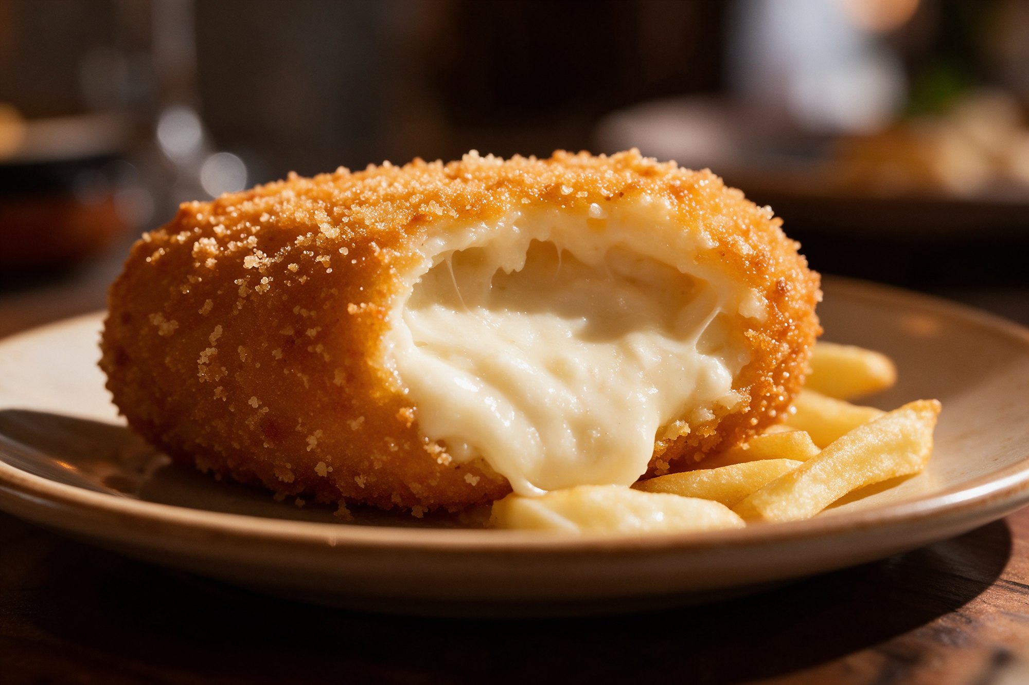 Croquetas doradas de queso Payoyo con patatas en plato cálido